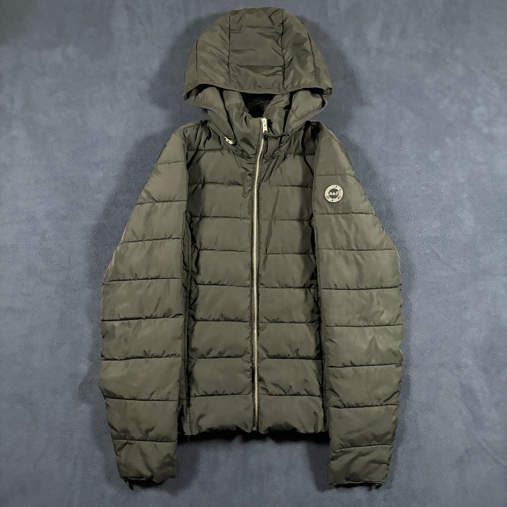 Abercrombie & Fitch Womens Packable Puffer Jacket Hooded Black Coat Patch S